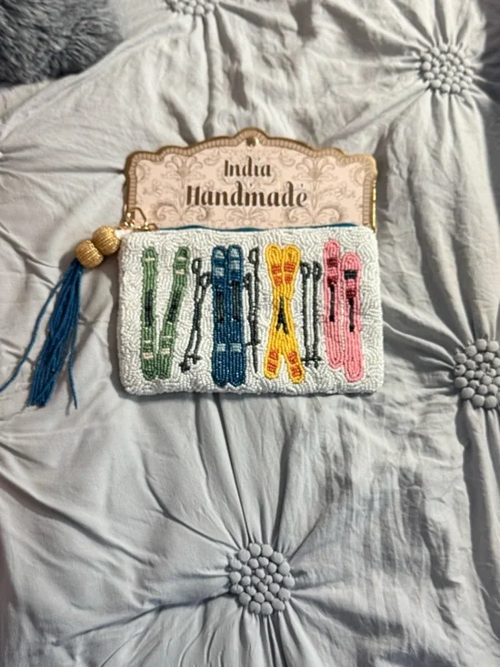 Hand Beaded Viral Ski Motif Clutch — White with Multi Colored Skis - Picture 2 of 7